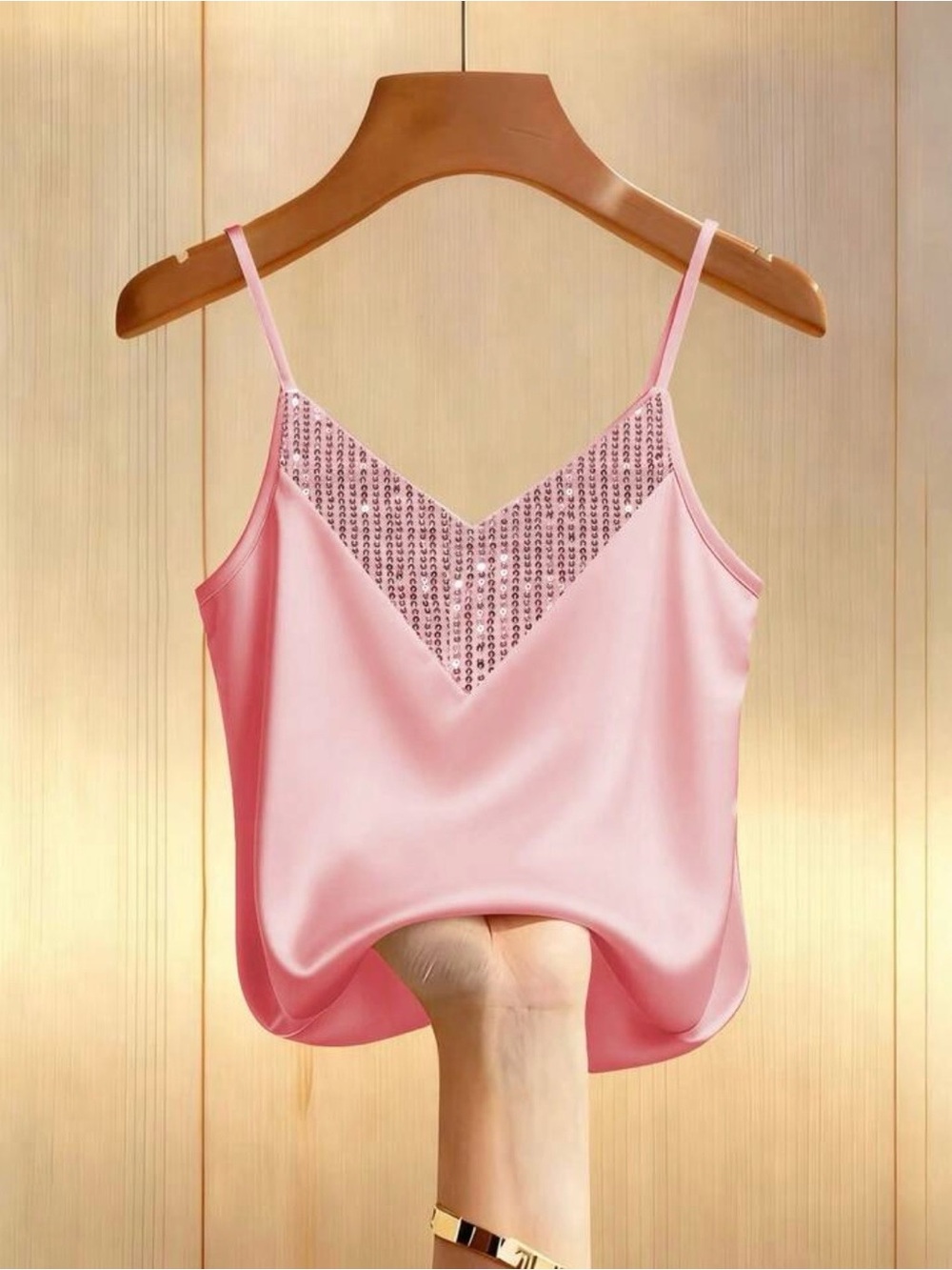 Women's Pink Sequin Trim Cami Top